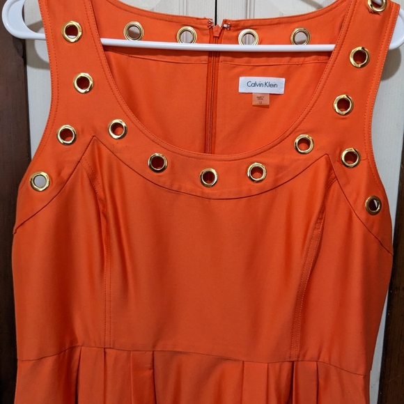 🧡 Calvin Klein Bright Orange and Gold Midi Dress Size 12 - Picture 2 of 8